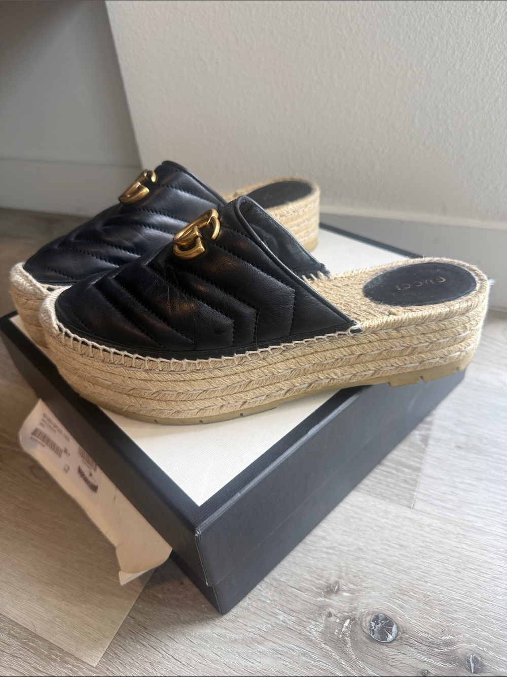 Black Quilted Gucci Leather Espadrille Platform Mules with Gold Hardware - Picture 4 of 6